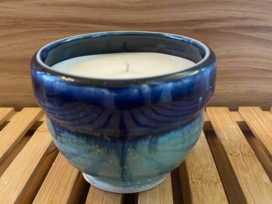 A Handcrafted, Wheel-Thrown Container Candle- Small, Glazed Two-Tone Vessel, Blue and Aqua- 8oz Luxury, Long-Burning Soy Wax- Phthalate Free Fragrance