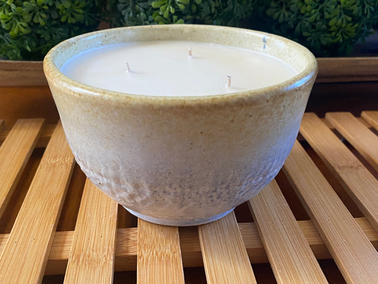 A Handcrafted, Wheel-Thrown Container Candle- Large Vessel, Sunset Textured Glaze- 13.5oz Luxury, Long-Burning Soy Wax- Phthalate Free Fragrance