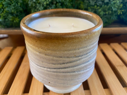 Handcrafted, Wheel-Thrown Container Candle- Medium White Vessel, Waves Texture, Brown Rim- 9oz Luxury, Long-Burning Soy Wax- Phthalate Free Fragrance