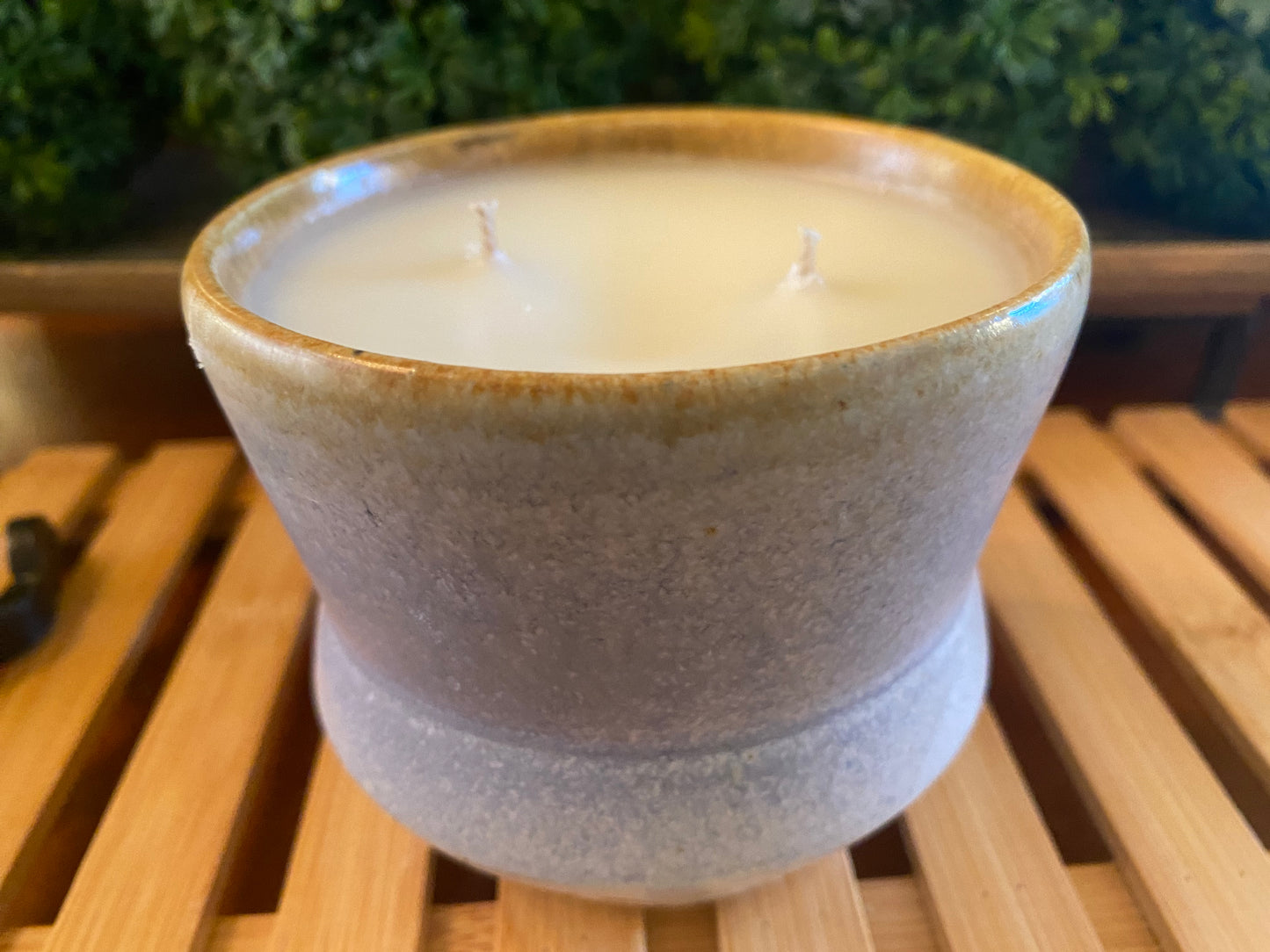 Handcrafted, Wheel-Thrown Container Candle- Medium Cream/Purple Vessel w Tan Rim- 10oz Luxury, Long-Burning Soy Wax- Phthalate Free Fragrance