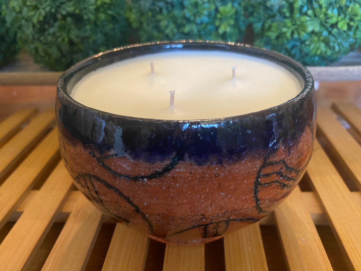 Handcrafted, Wheel-Thrown Container Candle- Medium Red/Blue Glazed, Circle Design Vessel Bowl- 15oz Luxury, Long-Burning Soy Wax- Phthalate Free Fragrance