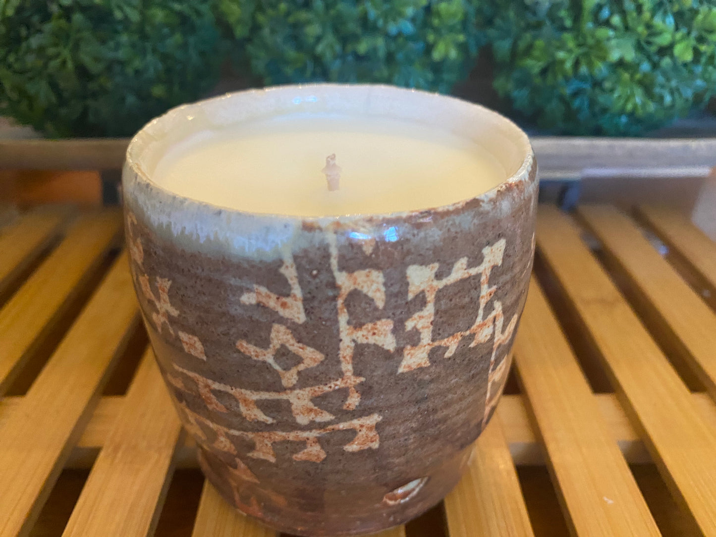 Handcrafted, Wheel-Thrown Container Candle- Small Brown Vessel, Tan Aztec Glazed Designs- 8oz Luxury, Long-Burning Soy Wax- Phthalate Free Fragrance