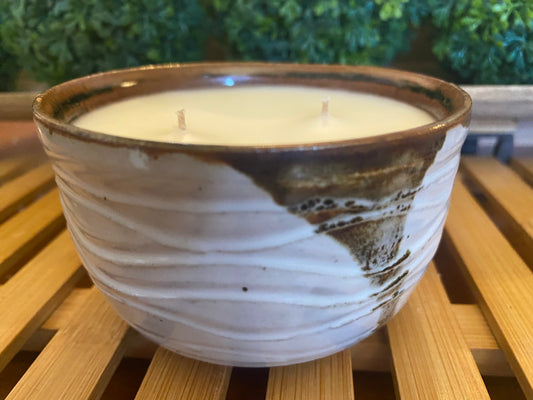 Handcrafted, Wheel-Thrown Container Candle- Small White-Brown Drip Glaze Vessel- 7oz Luxury, Long-Burning Soy Wax- Phthalate Free Fragrance