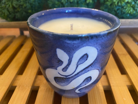 Handcrafted, Wheel-Thrown Container Candle- Small Blue/White Snake Vessel- 6.5oz Luxury, Long-Burning Soy Wax- Phthalate Free Fragrance