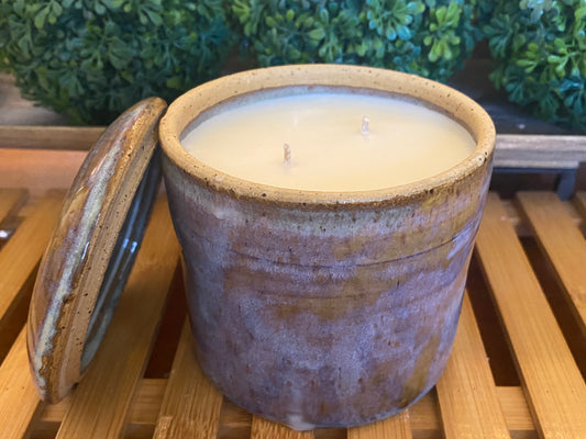 Handcrafted, Wheel-Thrown Container Candle- Large Tan Multi-Colored Vessel and Umbrella Lid- 14oz Luxury, Long-Burning Soy Wax- Phthalate Free Fragrance