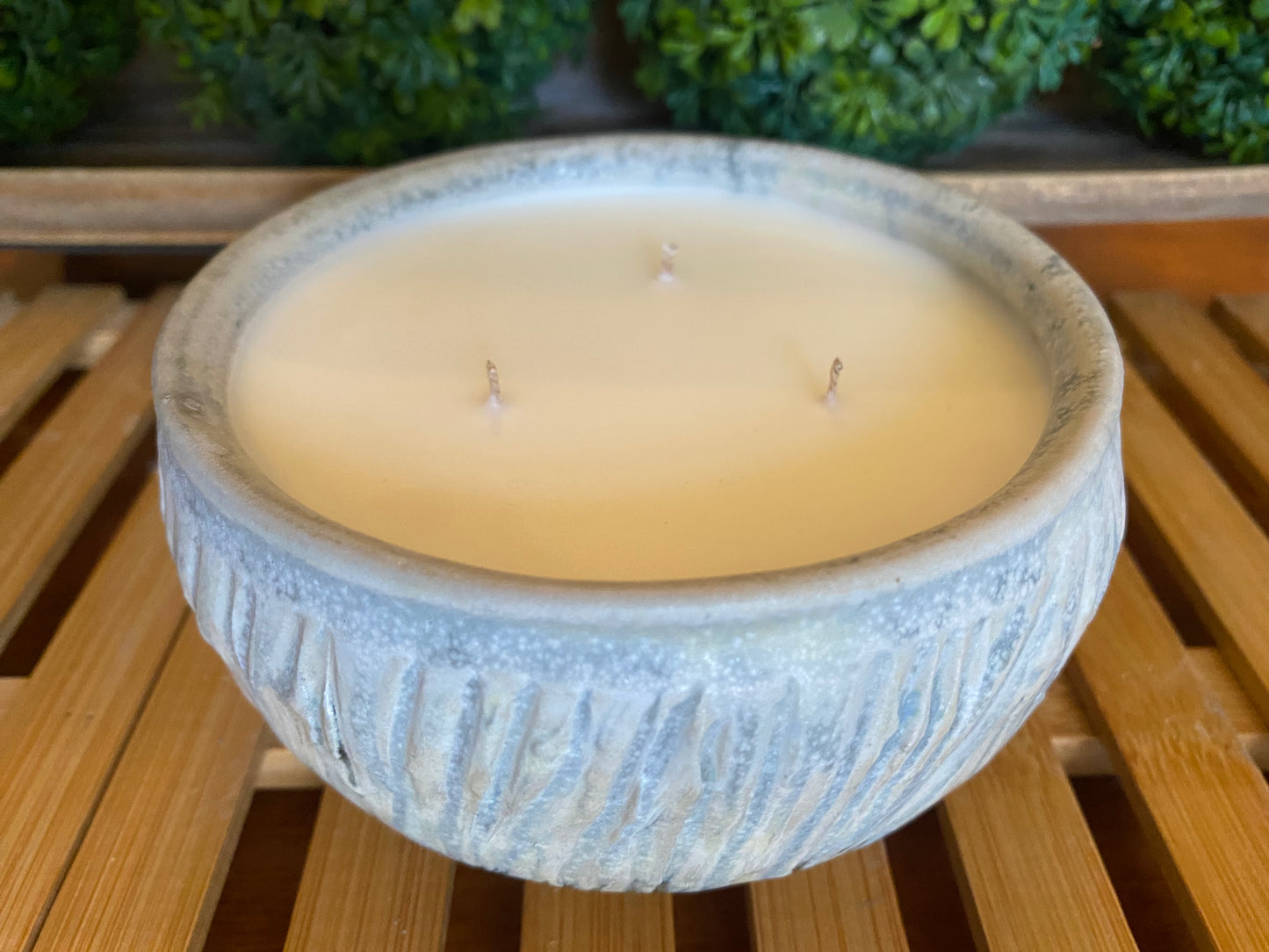 Handcrafted, Wheel-Thrown Container Candle- Medium Shallow Vessel, Textured White/Blue Bowl- 12oz Luxury, Long-Burning Soy Wax- Phthalate Free Fragrance