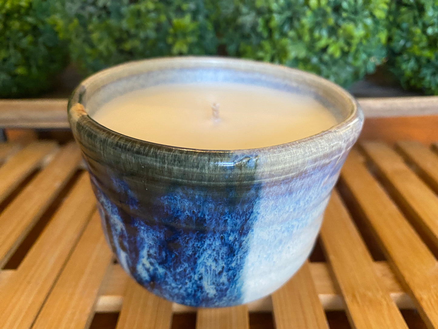 Handcrafted, Wheel-Thrown Container Candle- Medium Vessel, White/Blue Fat Stripe- 9oz Luxury, Long-Burning Soy Wax- Phthalate Free Fragrance