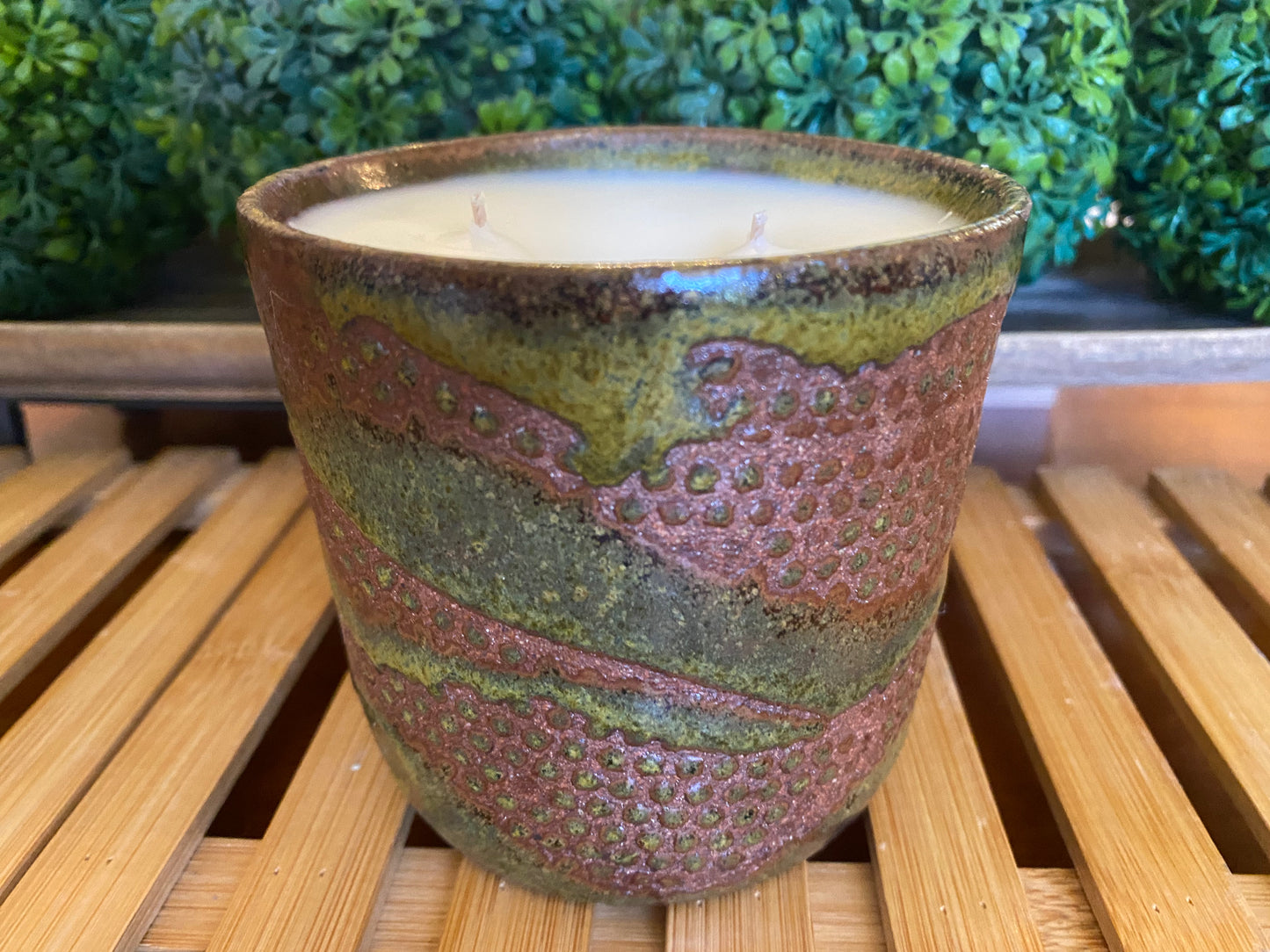 Handcrafted, Wheel-Thrown Container Candle- Medium Vessel Brown/Green Glazed and Textured Terra Cotta- 10oz Luxury, Long-Burning Soy Wax- Phthalate Free Fragrance