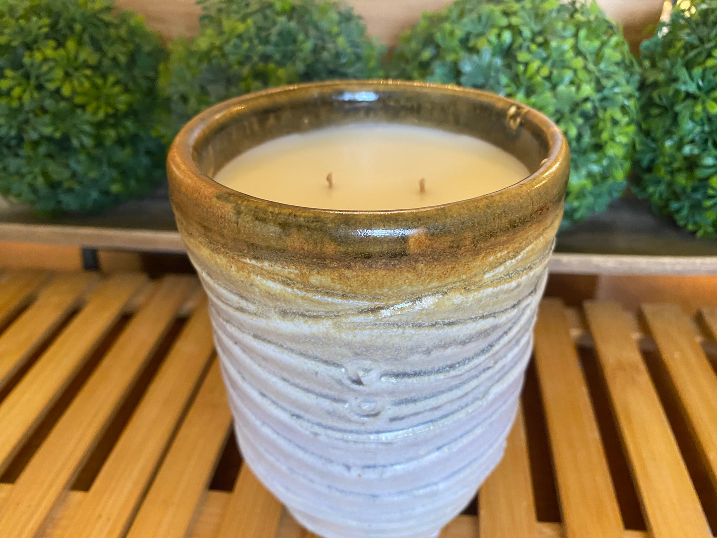 Handcrafted, Wheel-Thrown Container Candle- Large White Vessel, Waves Texture, Brown Rim- 18oz Luxury, Long-Burning Soy Wax- Phthalate Free Fragrance