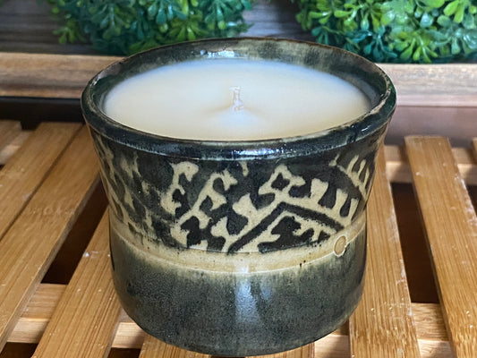 Handcrafted, Wheel-Thrown Container Candle- Small Vessel, Black/Brown Glazed Designs Top- 5.5oz Luxury, Long-Burning Soy Wax- Phthalate Free Fragrance