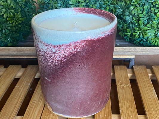 Handcrafted, Wheel-Thrown Container Candle- Medium Red Vessel Textured Designs- 12oz Luxury, Long-Burning Soy Wax- Phthalate Free Fragrance