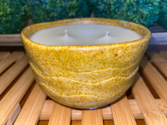 Handcrafted, Wheel-Thrown Container Candle- Medium Vessel Tan/Yellow Textured Round- 10oz Luxury, Long-Burning Soy Wax- Phthalate Free Fragrance