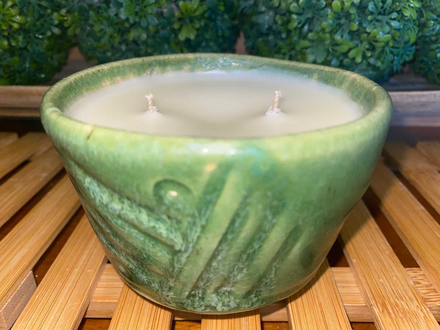 Handcrafted, Wheel-Thrown Container Candle- Small Green Textured Vessel, Tan Glaze Inside- 7oz Luxury, Long-Burning Soy Wax- Phthalate Free Fragrance