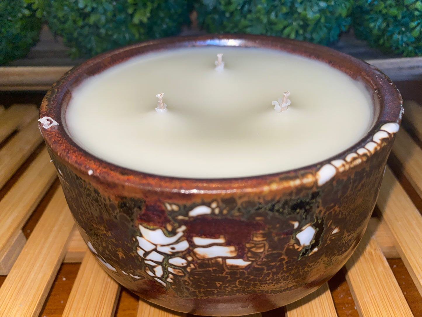 Handcrafted, Wheel-Thrown Container Candle- Medium Brown Vessel w White Glazed Designs- 17oz Luxury, Long-Burning Soy Wax- Phthalate Free Fragrance