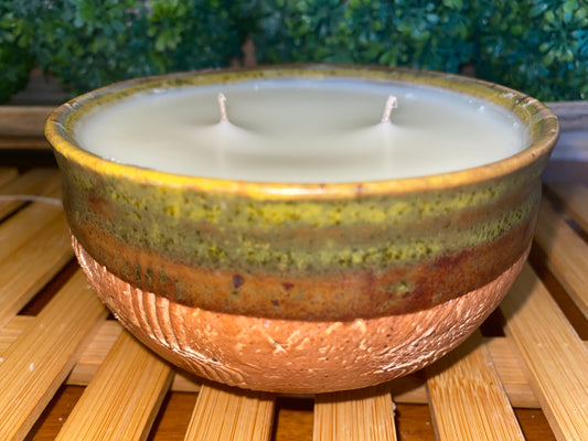 Handcrafted, Wheel-Thrown Container Candle- Medium Red Vessel w Green Glazed Rim/Inside- 10oz Luxury, Long-Burning Soy Wax- Phthalate Free Fragrance