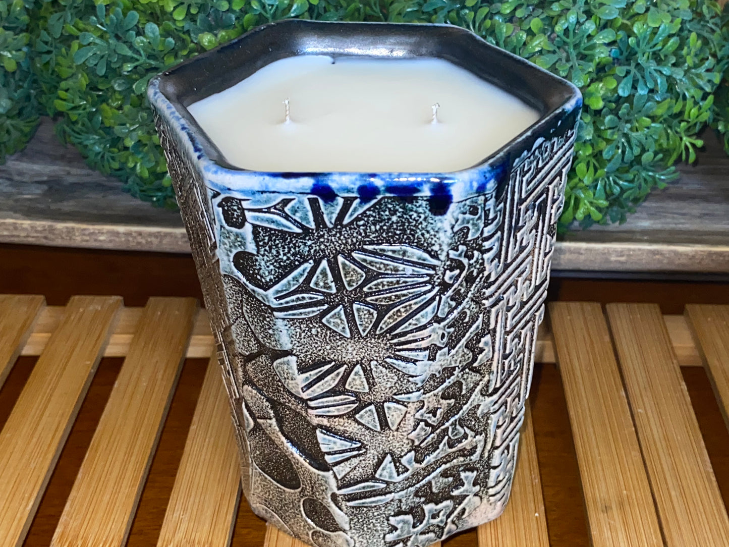 Handcrafted, Wheel-Thrown Container Candle- Large Angled Vessel w Unique Side Designs- 15oz Luxury, Long-Burning Soy Wax- Phthalate Free Fragrance