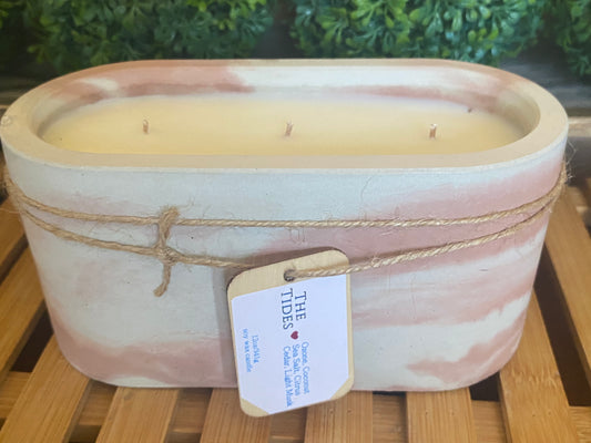 Handcrafted, Concrete, Oval Container Candle- Lt Red/White Marbled- 11.5oz Triple Wick, Luxury, Long-Burning Soy Wax- Phthalate Free Fragrance