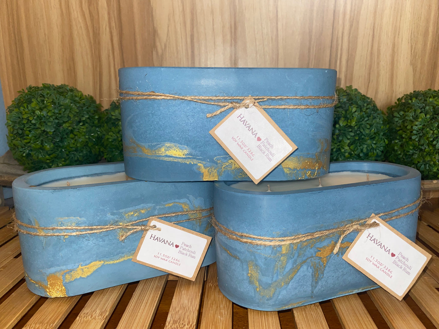 A Handcrafted, Concrete, Oval Container Candle- Blue/Gold Veined- 11.5oz Triple Wick, Luxury, Long-Burning Soy Wax- Phthalate Free Fragrance