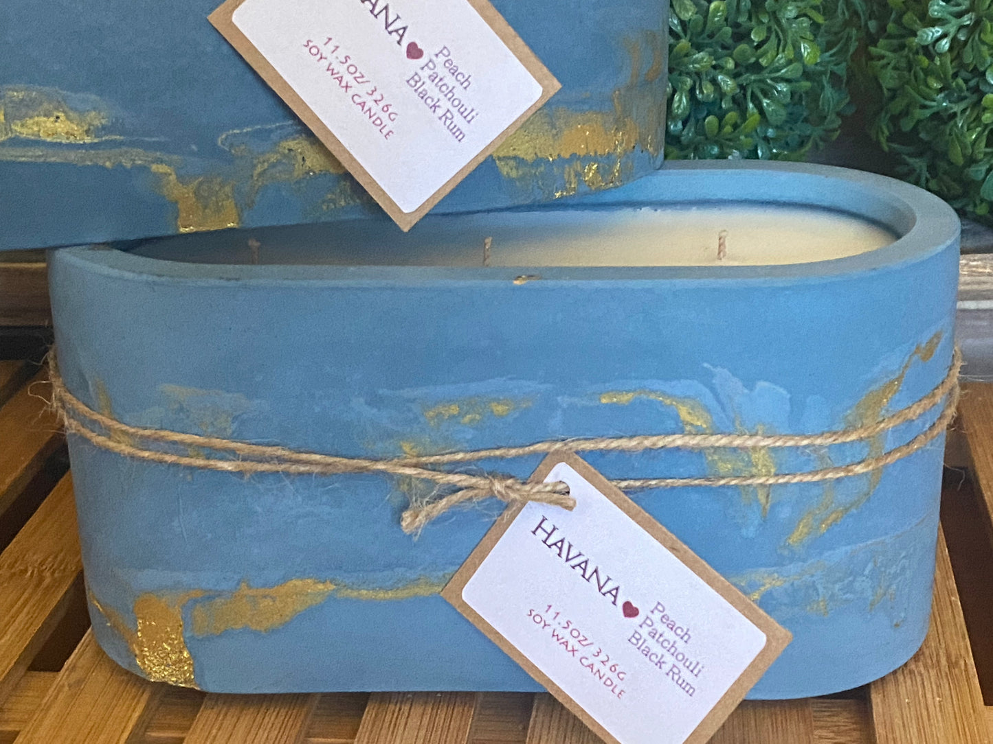 A Handcrafted, Concrete, Oval Container Candle- Blue/Gold Veined- 11.5oz Triple Wick, Luxury, Long-Burning Soy Wax- Phthalate Free Fragrance