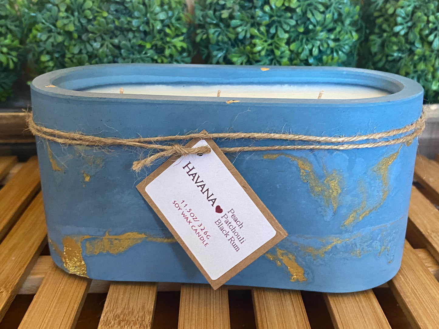 A Handcrafted, Concrete, Oval Container Candle- Blue/Gold Veined- 11.5oz Triple Wick, Luxury, Long-Burning Soy Wax- Phthalate Free Fragrance