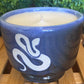 Handcrafted, Wheel-Thrown Container Candle- Small Blue/Black Angled Bottom Vessel with Glazed Snake- 8oz Luxury, Long-Burning Soy Wax- Phthalate Free Fragrance