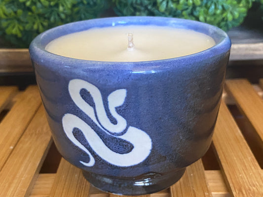 Handcrafted, Wheel-Thrown Container Candle- Small Blue/Black Angled Bottom Vessel with Glazed Snake- 8oz Luxury, Long-Burning Soy Wax- Phthalate Free Fragrance