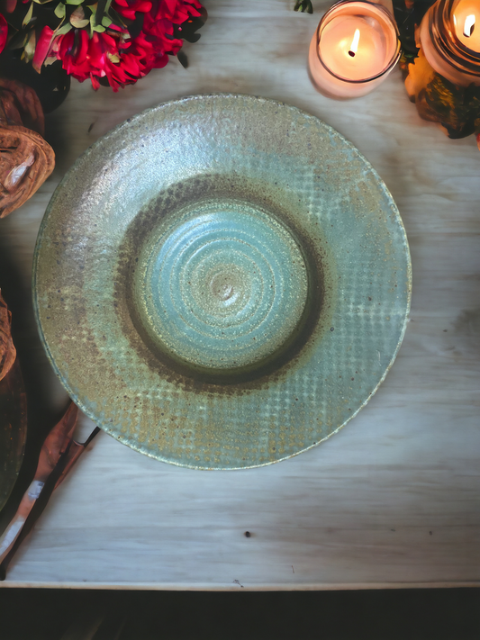 Wheel-Thrown Pottery Art Piece- Glazed and Fired Platter/Bowl, Multi-Emerald Green/Browns, Dimensions:  12"round x 3"high