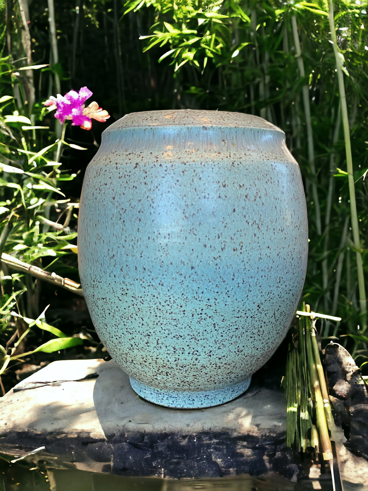 Wheel-Thrown Pottery Art Piece- Speckled Green/Blue, Earth Tone Pot, Dimensions:  11h"x8.5w"