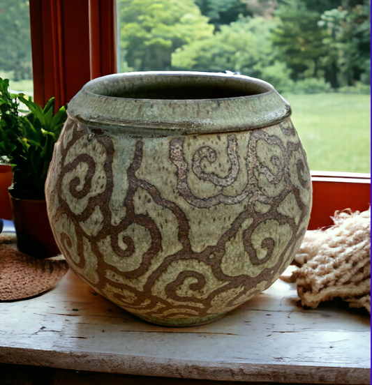 Wheel-Thrown Pottery Art Piece- Glazed and Fired Asian Cloud Design- Rich Brown and Emerald Green, Dimensions:  7.5h"x8w"