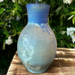 Wheel-Thrown Pottery Art Piece- Glazed and Fired Vase, Asian Inspired Design w/ Crane, Plants and Asian Symbols, Blue and Ivory, Interpretation: "We are all under the same sky" Dimensions:  11.75h" x 7.5w"