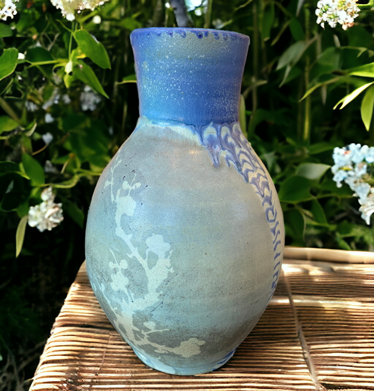 Wheel-Thrown Pottery Art Piece- Glazed and Fired Vase, Asian Inspired Design w/ Crane, Plants and Asian Symbols, Blue and Ivory, Interpretation: "We are all under the same sky" Dimensions:  11.75h" x 7.5w"