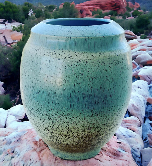 Wheel-Thrown Pottery Art Piece- Speckled Green/Blue, Earth Tone Pot, Dimensions:  11h"x8.5w"