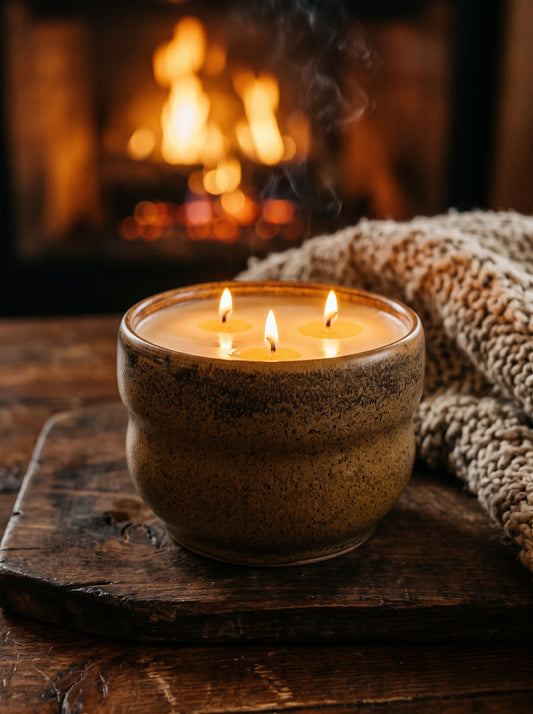 Earthy Speckled Brown Rounded Bowl, 3 Wick, 20oz Soy Wax, Orange Cranberry, Pottery Vessel Candle