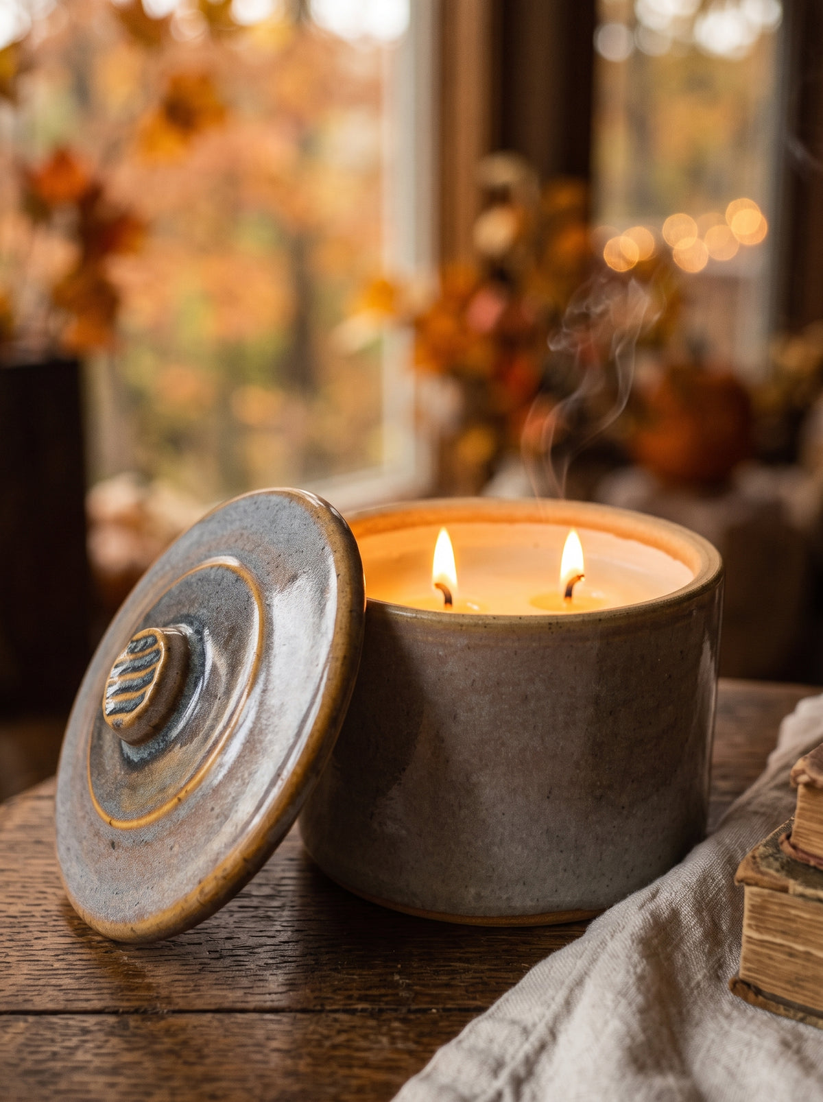 Lidded Tan and Grey Glazed Pot, 2 Wick, 16oz Soy Wax, Vanilla Pumpkin Marshmallow, Pottery Vessel Candle