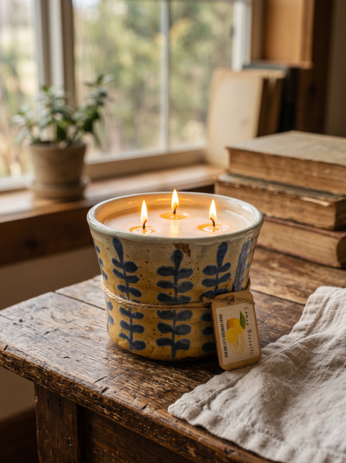 Yellow and Blue Botanical Leaf Pot, 3 Wick, 20oz Soy Wax, Lemon Biscotti, Pottery Vessel Candle