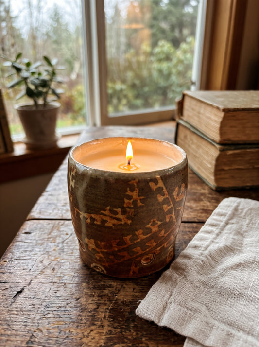 Earth-Toned Patterned Brown Pot, 1 Wick, 8oz Soy Wax, Havana Nights, Pottery Vessel Candle