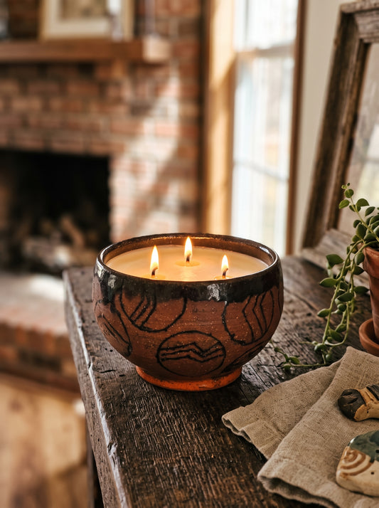 Terracotta Patterned Round Bowl, 3 Wick, 15oz Soy Wax, Havana Nights, Pottery Vessel Candle
