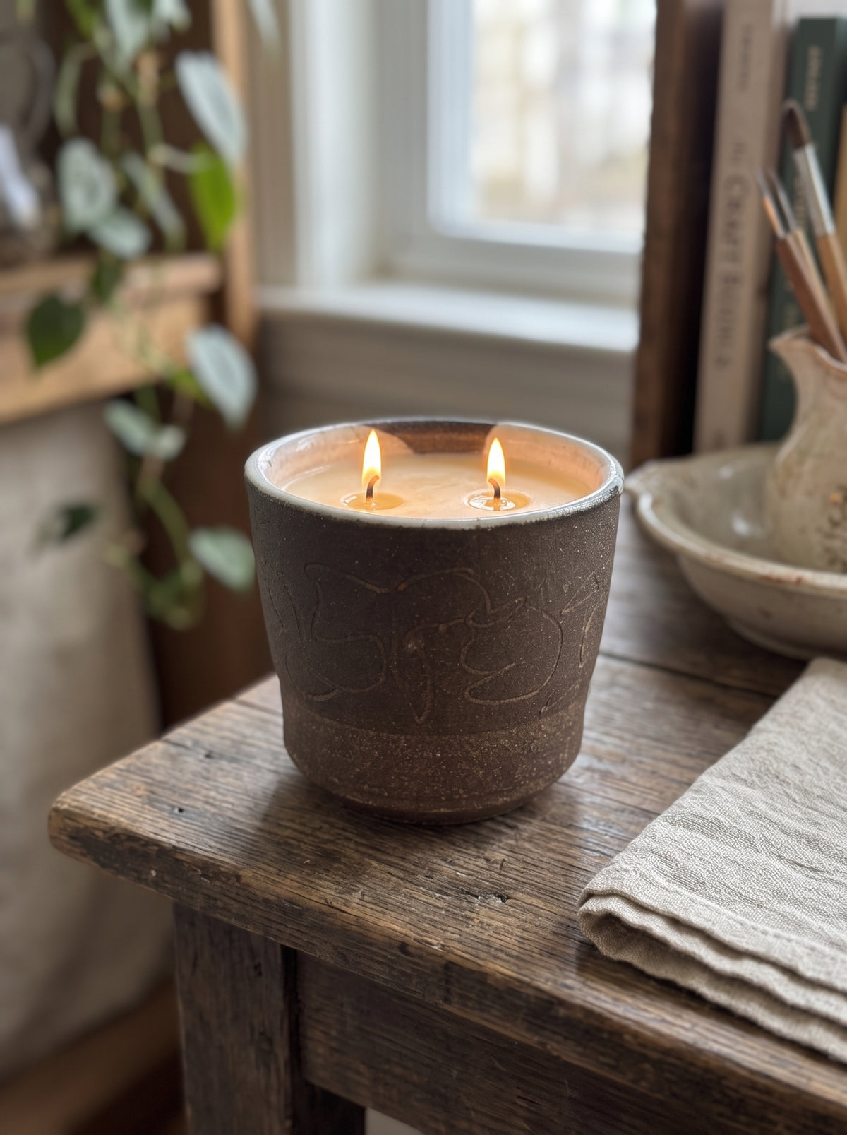 Hand-Carved Dark Earth Matte Pot, 2 Wick, 14oz Soy Wax, Havana Nights, Pottery Vessel Candle