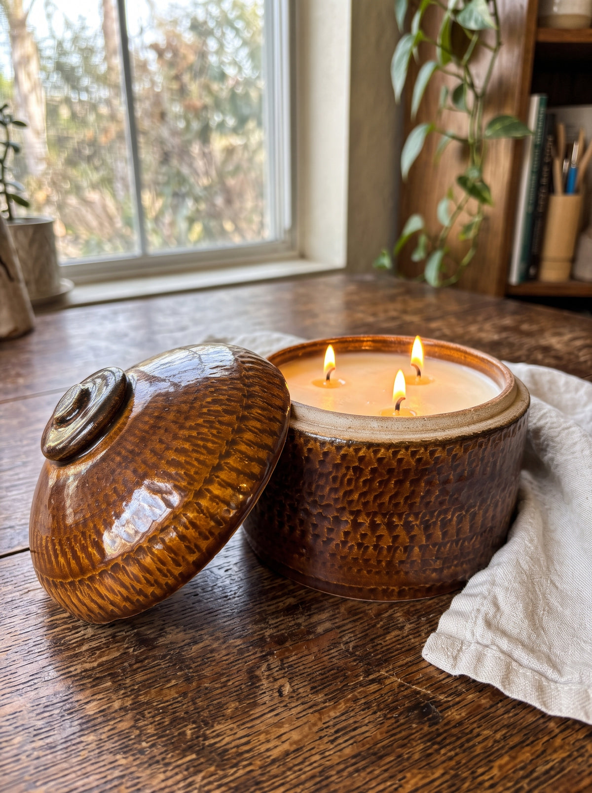 Patterned Amber-Brown Lidded Pot, 3 Wick, 18oz Soy Wax, Orange Cranberry, Pottery Vessel Candle