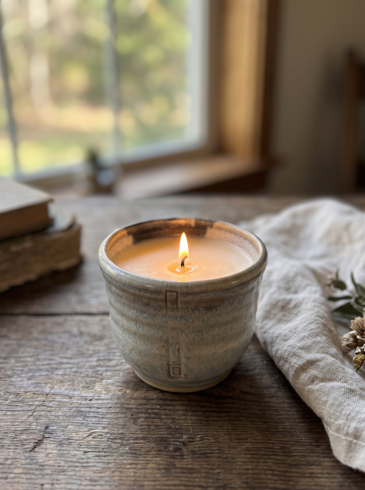 Light Grey Glazed Tumbler, 1 Wick, 10oz Soy Wax, Orange Sunrise, Pottery Vessel Candle
