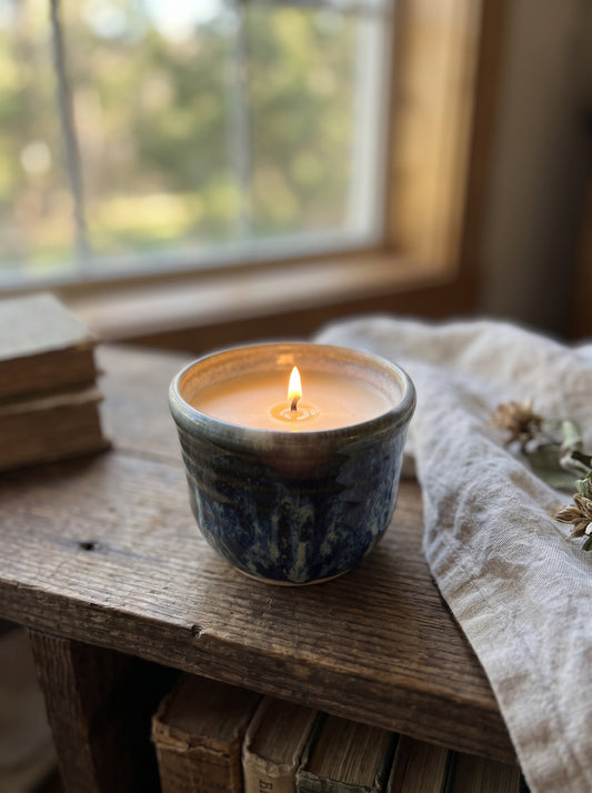 Drippy Blue and Green Glazed Tumbler, 1 Wick, 9oz Soy Wax, Sweet Spring, Pottery Vessel Candle