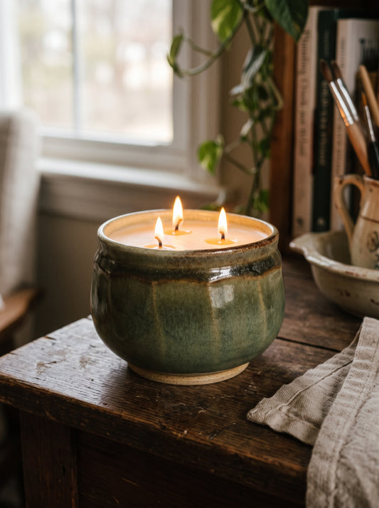 Round Green and Brown Glazed Bowl Pot, 3 Wick, 10oz Soy Wax, Orange Cranberry, Pottery Vessel Candle
