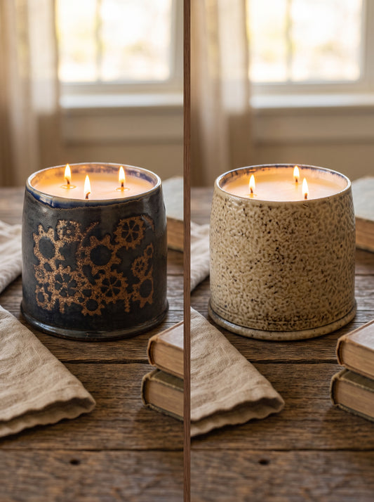 Gear-Patterned Dark Blue and speckled sand Pot, 3 Wick, 15oz Soy Wax, Orange Cranberry, Pottery Vessel Candle