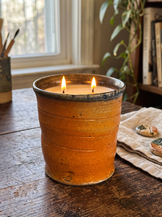 Ribbed Orange Glazed Pot with Dark Rim, 2 Wick, 9oz Soy Wax, Tides, Pottery Vessel Candle