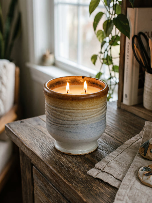 Toasted Amber and Pale Grey Pedestal Pot, 2 Wick, 9oz Soy Wax, Sweet Spring, Pottery Vessel Candle