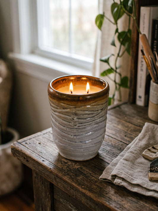 Tall Ribbed Pale Grey and Amber Pot, 2 Wick, 12oz Soy Wax, Sweet Spring, Pottery Vessel Candle
