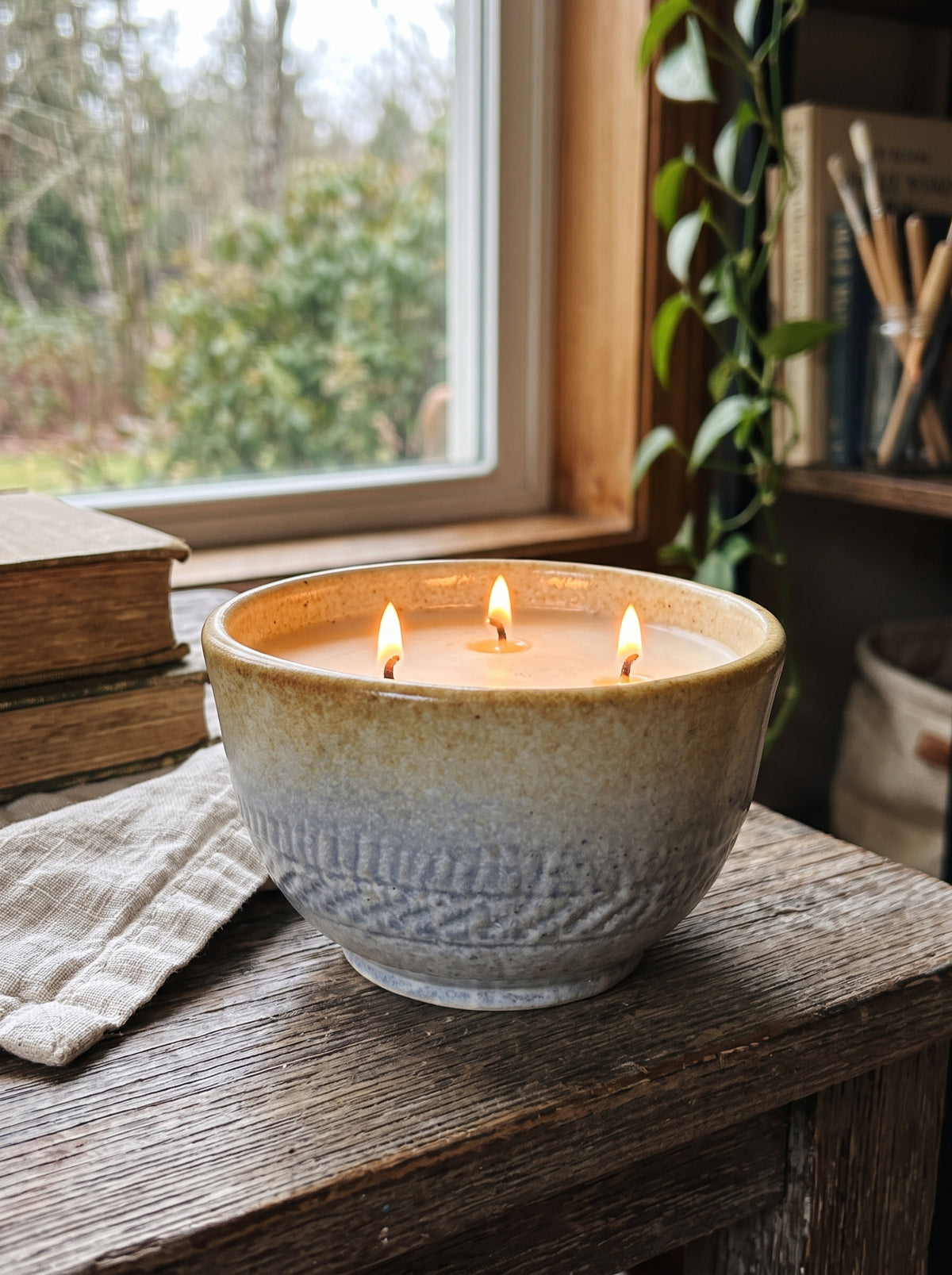 Textured Tan and Blue Speckled Bowl Pot, 3 Wick, 14oz Soy Wax, Sweet Spring, Pottery Vessel Candle