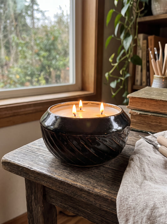 Dark Glazed Swirl carved Bowl Pot, 3 Wick, 15oz Soy Wax, Orange Cranberry, Pottery Vessel Candle