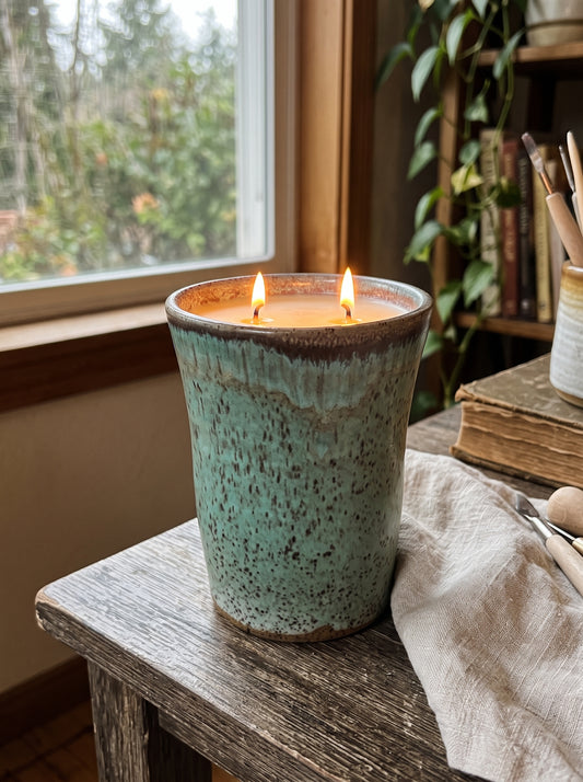 Tall Speckled Mint Green Tumbler, 2 Wick, 22oz Soy Wax, Orange Cranberry, Pottery Vessel Candle