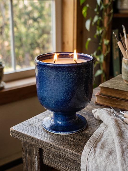 Deep Cobalt Blue Pedestal Pot, 2 Wick, 15oz Soy Wax, Orange Sunrise, Pottery Vessel Candle